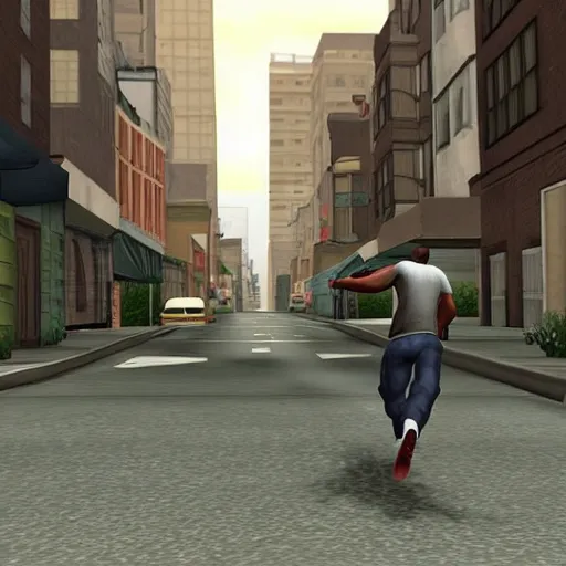 Prompt: Carl Johnson running down a street, Grand Theft Auto San Andreas