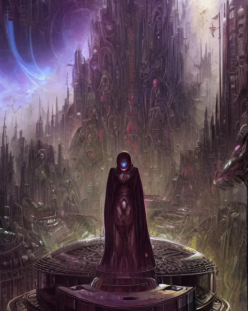 Image similar to dr. doom in a scifi city, by antonio j. manzanedo, giger, alex grey, android jones, wayne barlowe, philippe druillet, raymond swanland, cyril rolando, josephine wall, harumi hironaka, trending on artstation