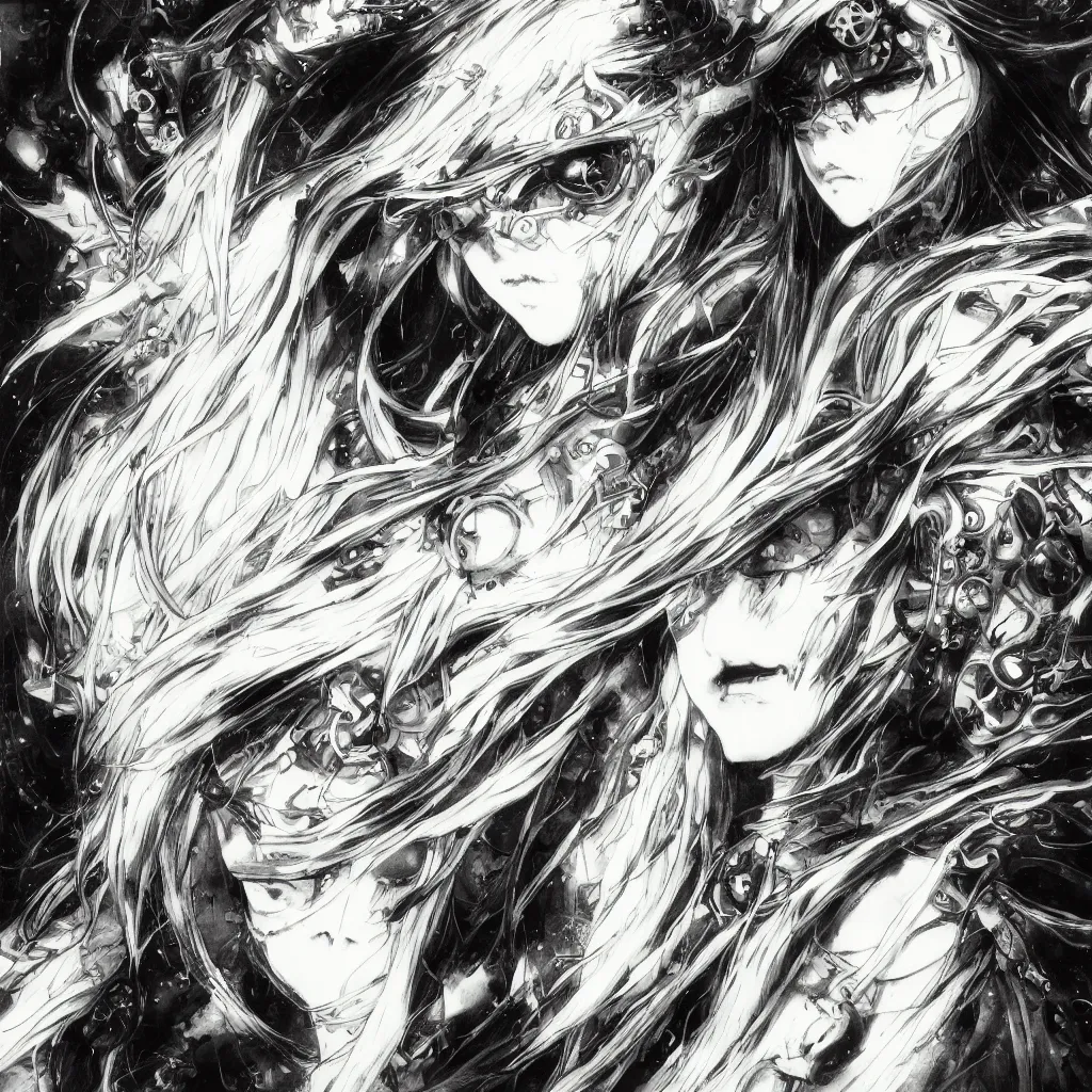 Image similar to Yoshitaka Amano blurred and dreamy illustration of an anime girl with pirate eye patch, wavy white hair and cracks on her face wearing Elden ring armour with the cape fluttering in the wind, abstract black and white patterns on the background, noisy film grain effect, highly detailed, Renaissance oil painting, weird portrait angle