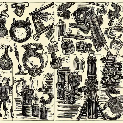 Image similar to collage of ghostbusters tools, dnd, high detail, fantasy, in the style of vintage antique illustration and line drawing or engraving - c 9. 0
