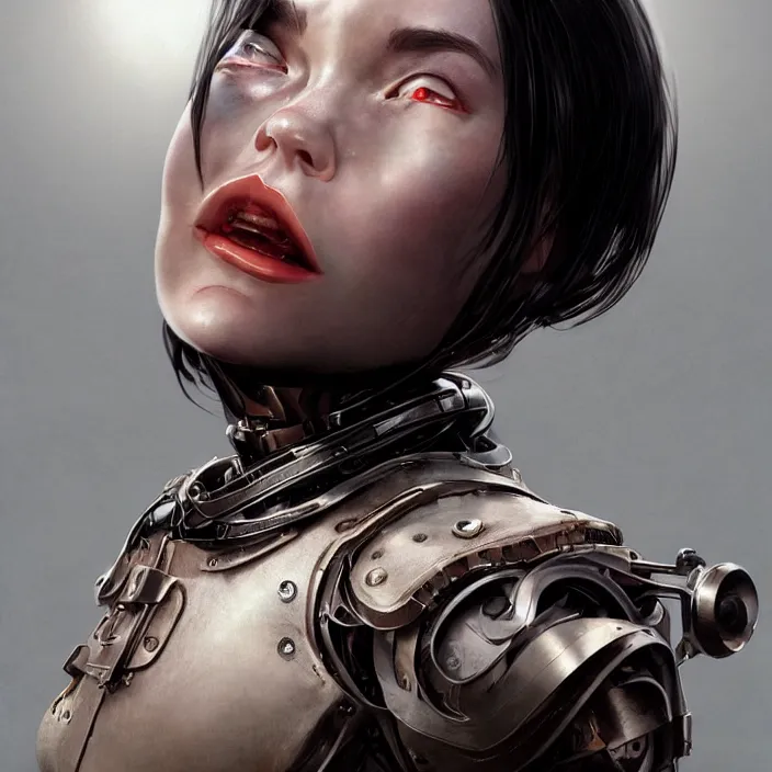 Image similar to hyper - realistic bjork leather cyborg - by tom bagshaw, by ilya kuvshinov, rtx rendering, octane render 1 2 8 k, maya, extreme high intricate details by wlop, digital anime art by ross tran, medium shot, close up shot, composition by sana takeda, dramatic lighting by greg rutkowski, 8 k, trending on artstation