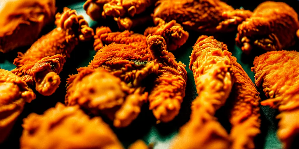 Image similar to photo of fried chicken, close - up, low saturation, diffuse light