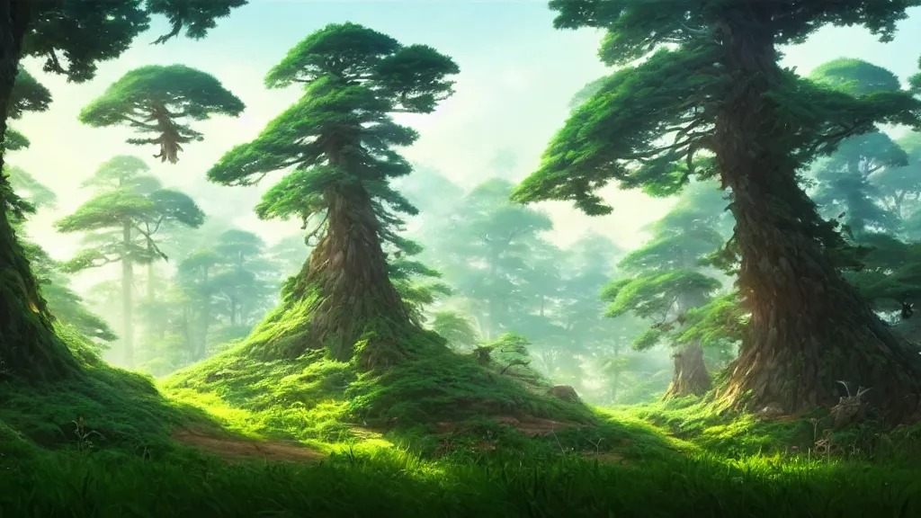 Image similar to forest clearing landscape, studio ghibli, pixar and disney animation, sharp, rendered in unreal engine 5, highly detailed, digital painting, artstation, concept art, smooth, sharp focus, illustration, wide angle, artbook, wallpaper, splash art, promo art, dramatic lighting, art by artgerm and greg rutkowski and bo chen and jin xiaodi