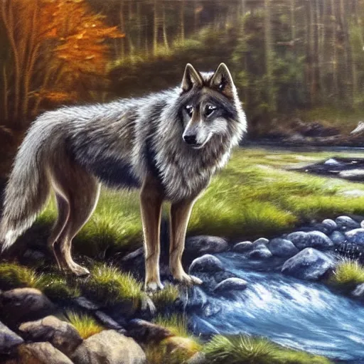 Image similar to A majestic and beautiful wild wolf out by a river with its head down taking a drink from the stream while it's ears are up and alert listening for danger with trees behind it, set in warm spring where it is sunny and windy, award winning, oil painting, 8k