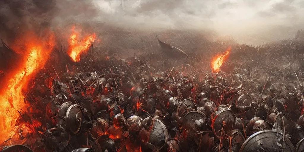 Prompt: an epic viking battle scene, by WLOP, realistic, detailed, epic scenery, blood, houses on fire