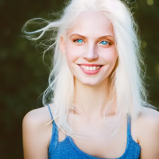 Image similar to beautiful portrait of a cute thin young woman smiling smugly, long light platinum blonde hair, flushed face, blue eyes, golden hour, 8 k, portra 4 0 0