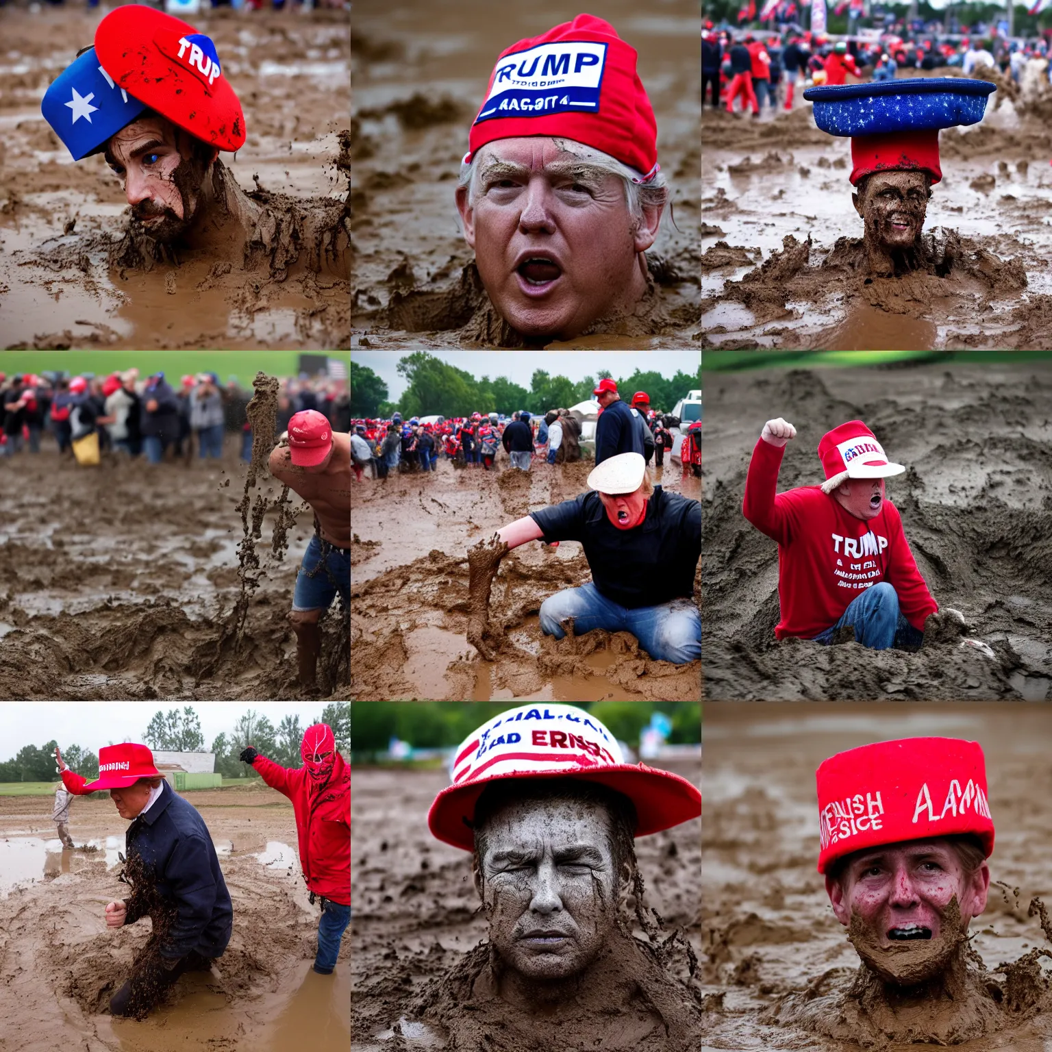 Prompt: flash photograph of a trump supporter with a very large head and a comically small hat, struggling in a mud pit