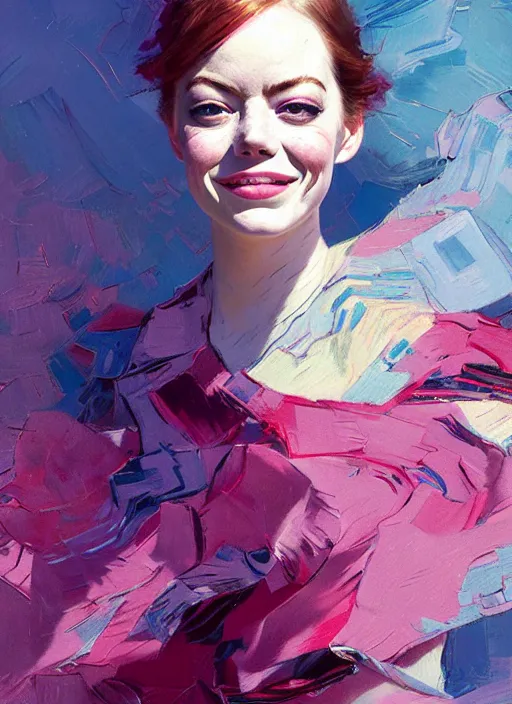 Prompt: portrait of a emma stone, smiling, ecstatic, dancing, eyes closed, open mouth, shades of pink and blue, beautiful face, rule of thirds, intricate outfit, spotlight, by greg rutkowski, by jeremy mann, by francoise nielly, by van gogh, digital painting