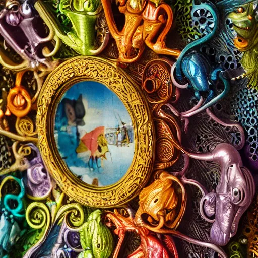 Image similar to giant colourful tiny intricate variations of detail cool beautiful creature sculpture, full deep focus maximalist photography, hieronymus bosch, reflections, 8 k