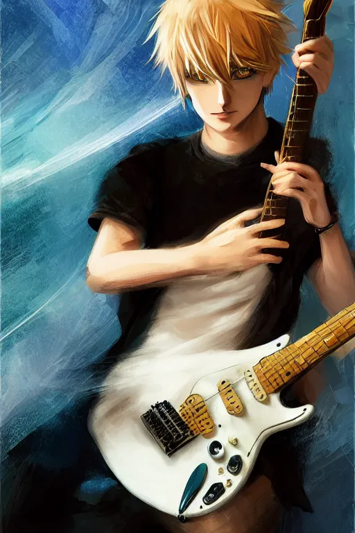 Image similar to blonde wild hair anime boy with eye - patch playing fender stratocaster, close - up portrait, plain white tshirt, powerfull, intricate, elegant, volumetric lighting, scenery, digital painting, highly detailed, artstation, sharp focus, illustration, concept art, ruan jia, steve mccurry