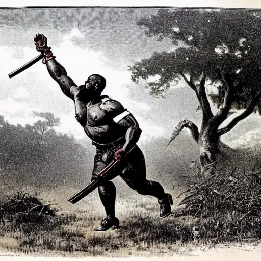 Image similar to antique lithograph from 1 9 0 0 of mr t as. tyrannosaurus rex hunting in a field