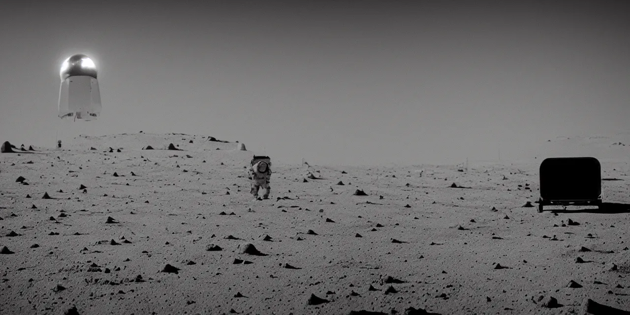 Image similar to black and white photo from the bright surface of the moon, rocket landing on moon, stars and space in the dark background, interstellar, christoper nolan, cinematic film still, sharp focus, high contrast, wide angle view, astrophotography, 4 k