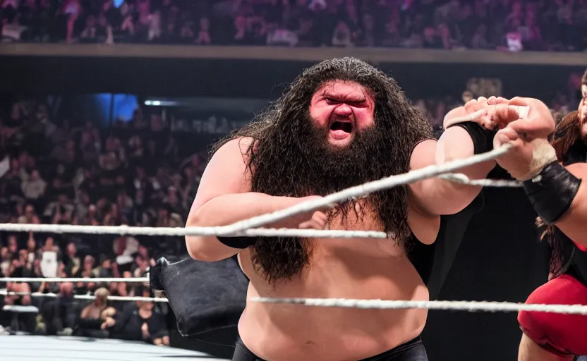 Prompt: Award winning photo of wrestler Rubeus Hagrid fighting in a ring in the WWE