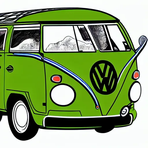 Image similar to a caricature drawing of a vw volkswagen bus, camper, bulli, type - 2, microbus, kombi, flying towards the camera, jumping at the viewer, dynamic action shot, fish - eye lense, frontal, a vulcano is erupting in the background