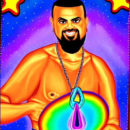 Prompt: lisa frank painting of sinbad at dave & busters