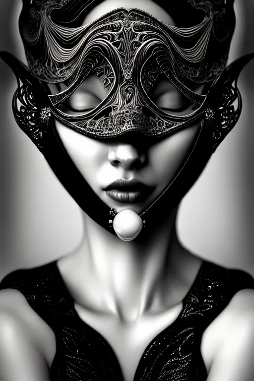 Image similar to portrait of a young beautiful woman with a mask. speed painting, fractal, mandelbulb. black and white, black on black. intricate, elegant, super highly detailed, professional digital painting, smooth, extreme illustration, Unreal Engine 5, Photorealism, HD quality, 8k resolution, 3D, beautiful, cinematic, art. art deco, art nouveau.