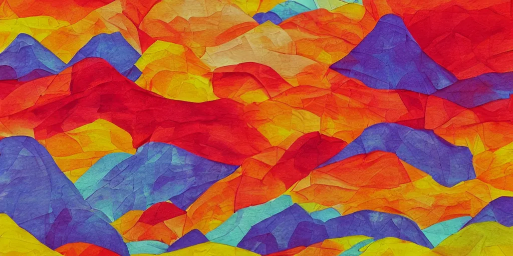 Image similar to red orange yellow lime blue purple landscape paper art