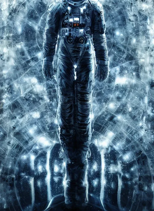 Image similar to symmetry poster art by craig mullins astronaut in futuristic dark and empty spaceship underwater. infrared glowing lights. complex and hyperdetailed technical suit. reflection and dispersion materials. rays and dispersion of light. volumetric light. 5 0 mm, f / 3 2. noise film photo. flash photography. unreal engine 4, octane render. interstellar movie poster