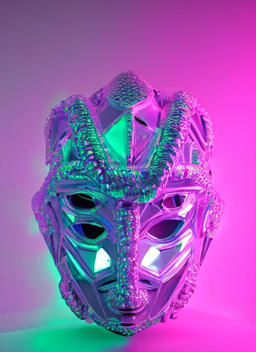 Prompt: photo of fullbodied baroque and bladerunner delicate neon diamond sculpture of robot onyx albino marble prince kai harvatz dotado pink iridescent robotic mask psychedelic, reclining, glowing magenta face, crown of white diamonds, cinematic lighting, photorealistic, octane render 8 k depth of field 3 d