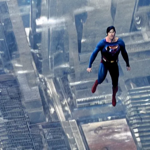 Prompt: Keanu reeves is superman flying through the sky in the new justice league movie, directed by Zack Snyder, shot from the sky