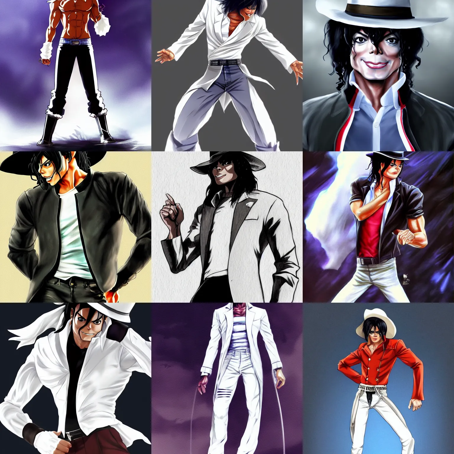 Prompt: michael jackson!!! full body shot concept art of muscular michael jackson!! in white fedora hat and pants as very muscular character, beautiful landscape, 4 k anime character anime concept art ink by akira toriyama, artstation
