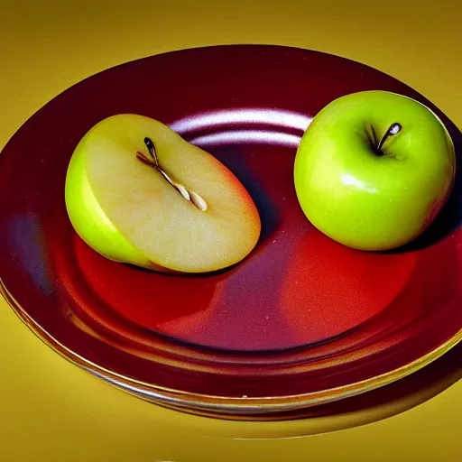 Prompt: a wide angle side view realistic photo of only 3 apples on a colorful plate, award winning, food photography, by ansel adams