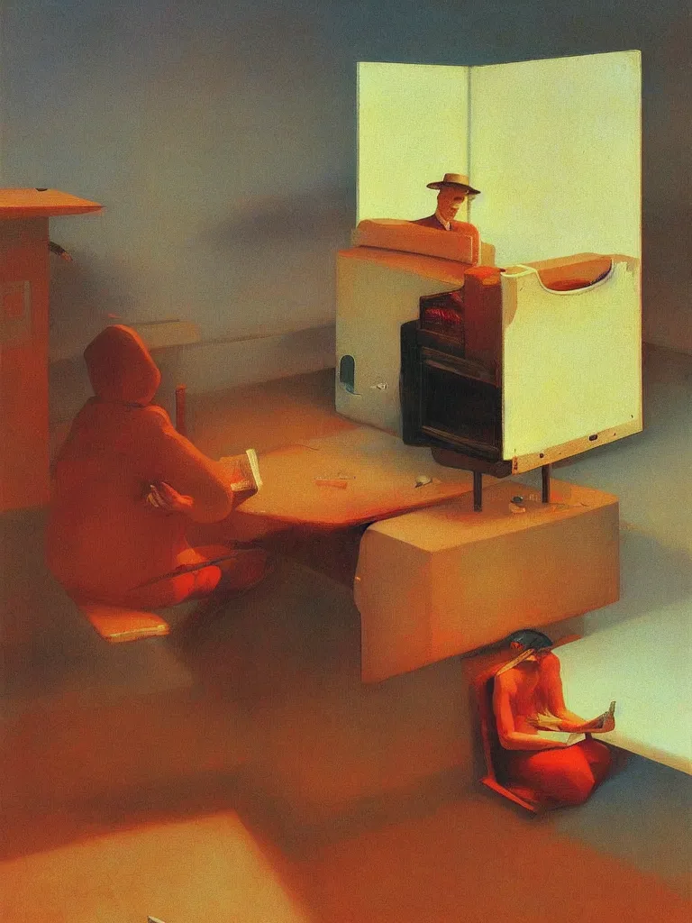 Prompt: reading poetry on the road with a toaster over his head Edward Hopper and James Gilleard, Zdzislaw Beksinski highly detailed