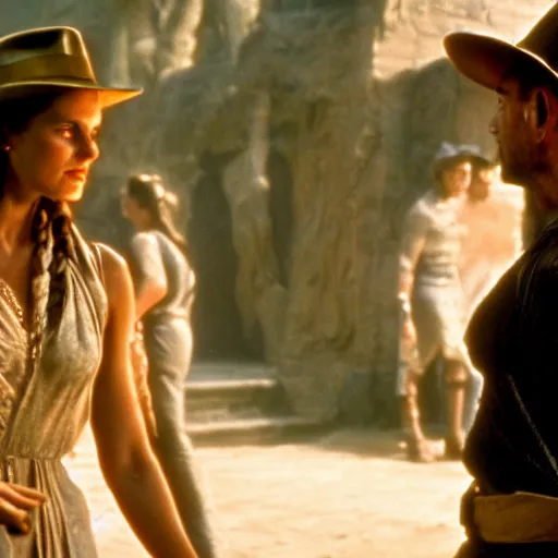 Prompt: a beautiful photo from the film indiana jones and the fate of atlantis, with indiana talking to sophia hapgood, dslr hyper focused