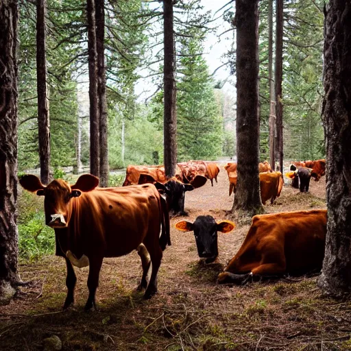 Image similar to DLSR photograph of several cows looking at the camera, in creepy forest, night-time, low lighting, eyes glinting