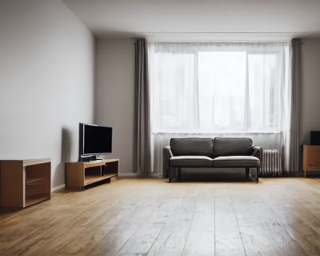 Image similar to Award winning photo of a living room with a TV of a flat abandoned 3 months ago, 4k, high quality