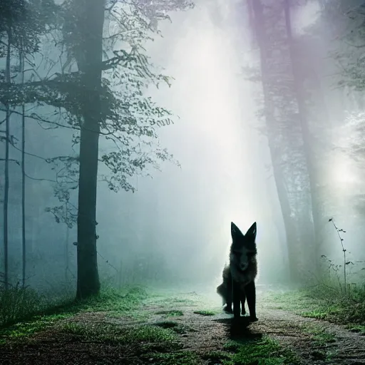 Prompt: a large druid fox muppet wearing a cloak holding a lit torch and herding a bunch of random muppet animals following behind through a dark foreboding misty blue forest at night, sesame street, photograph, photography, ultrarealistic, national geographic