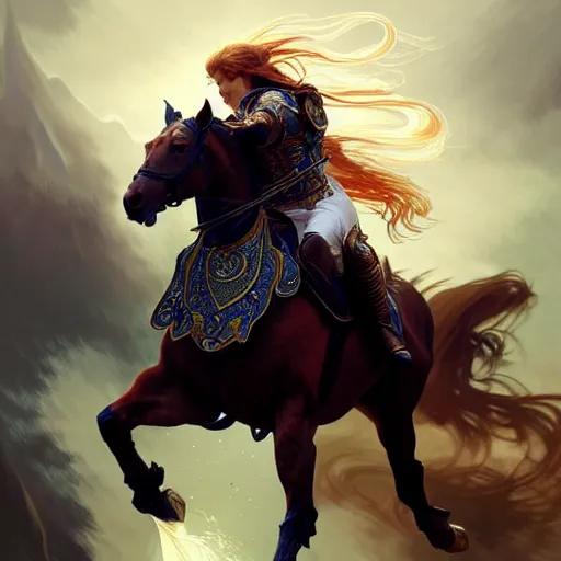 Image similar to Lionel Messi riding a majestic horse, D&D, fantasy, intricate, elegant, highly detailed, digital painting, artstation, concept art, matte, sharp focus, illustration, art by Artgerm and Greg Rutkowski and Alphonse Mucha