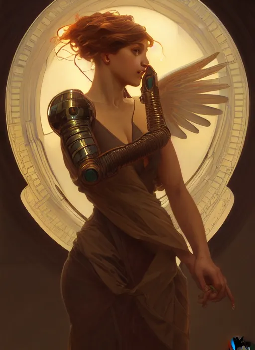 Image similar to portrait of mechanical angel, beautiful girl, intrigante, headshot, highly detailed, digital painting, artstation, concept art, sharp focus, cinematic lighting, illustration, art by artgerm and greg rutkowski, alphonse mucha, cgsociety