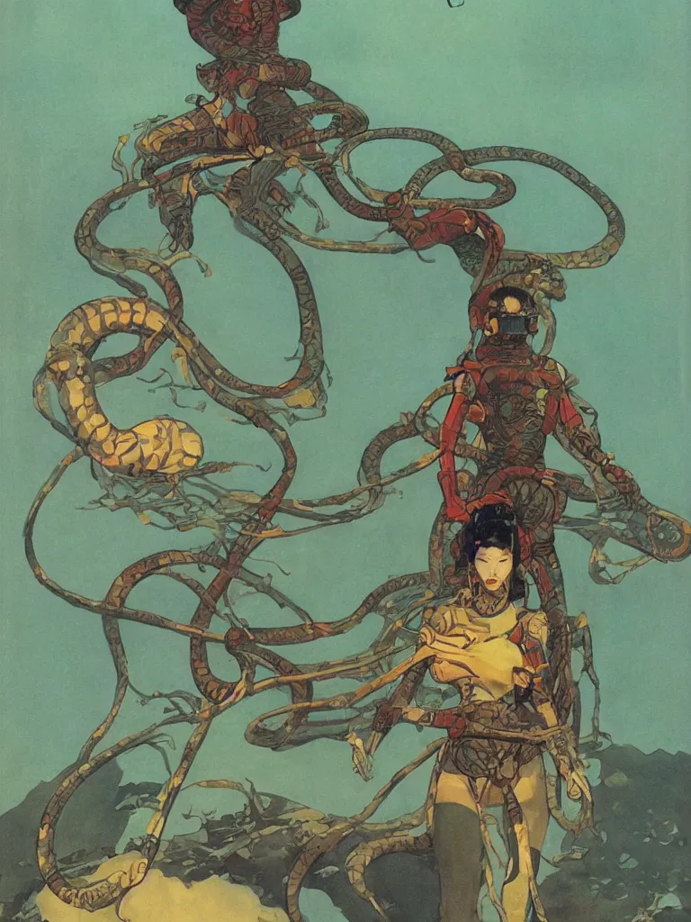 Image similar to on a strange vintage scifi planet, a samurai godess with a snake, vintage scifi poster, winslow homer, moebius, roger dean, artstation