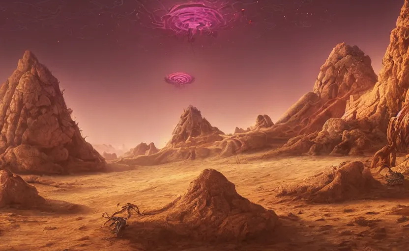 Prompt: matte painting of ant aliens in a desert, science fiction art, elaborate, detailed digital art, trending in artstation, purple color lighting
