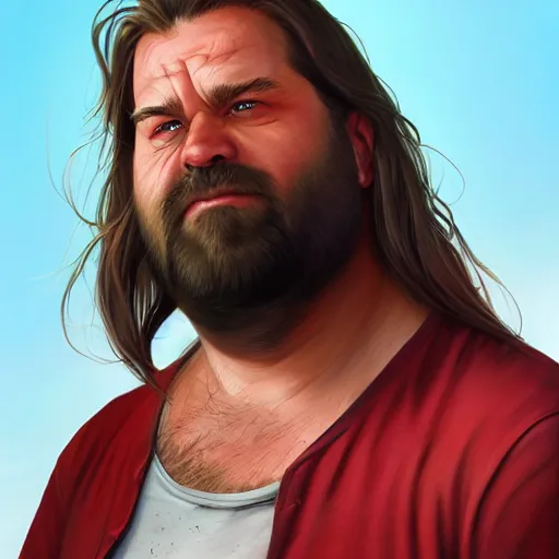 Image similar to portrait of a half fatman half pig with long hair tied in a ponytail, light stubble with red shirt ,digital art,photorealistoc,art by greg rutkowski,hyperdetailed,western comic style,comic,comic style,sharp lineart,professional lighting,deviantart,artstation,trevor henderson,rossdtaws,cinematic,dramatic