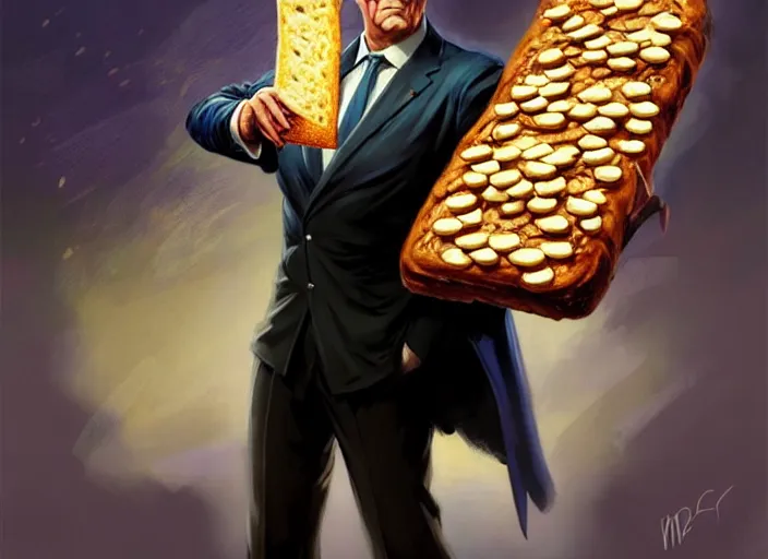 Image similar to magic : the gathering fantasy character concept art of the great businessman by marco bucci and frank frazetta, high resolution. a clear portrait of powerful, business man wearing a business suit, holding a magical briefcase overflowing with bread and toast swirling around, fantasy coloring, intricate, digital painting, artstation, smooth, sharp focus