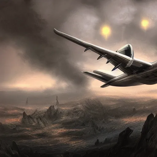 Image similar to plane crashing landscape, in hell, digital art, trending on artstation
