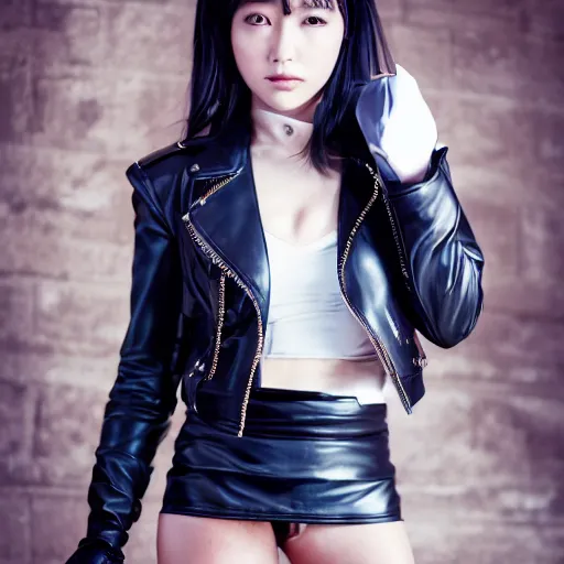 Image similar to a dynamic, epic cinematic 8K HD movie shot of a japanese beautiful cute young J-Pop idol actress yakuza rock star girl wearing leather jacket, miniskirt, nylon tights, high heels boots, gloves and jewelry. Motion, VFX, Inspirational arthouse, at Behance, with Instagram filters