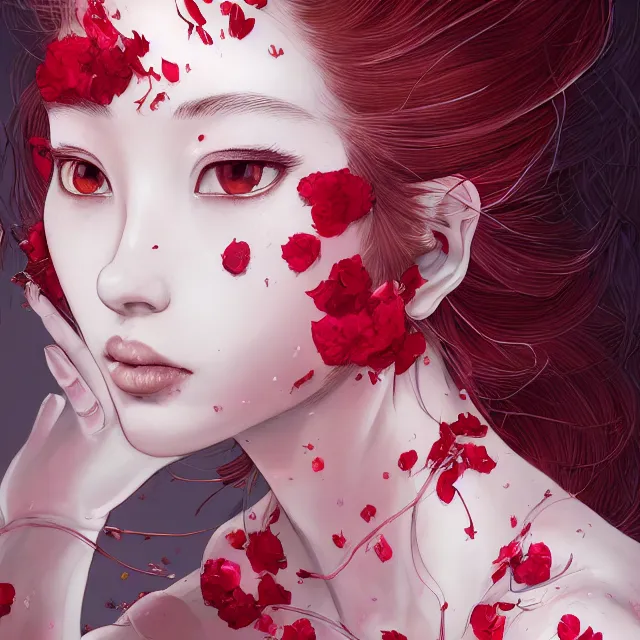 Image similar to studio portrait absurdly beautiful, elegant, graceful, young hypercolorful sensual anime gravure idol rubies and red petals, ultrafine hyperrealistic detailed face illustration by kim jung gi, irakli nadar, intricate linework, sharp focus, bright colors, matte, octopath traveler, final fantasy, unreal engine highly rendered, global illumination, radiant light, intricate environment