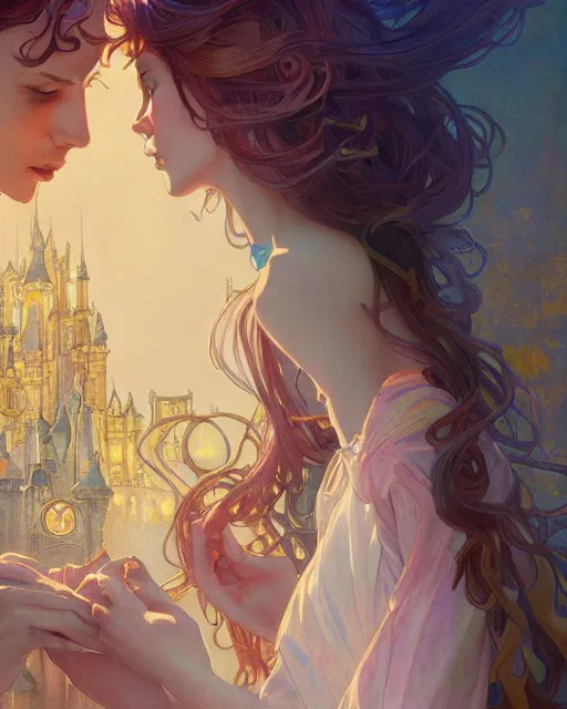 Image similar to secret romance, highly detailed, gold filigree, romantic storybook fantasy, soft cinematic lighting, award, disney concept art watercolor illustration by mandy jurgens and alphonse mucha and alena aenami, pastel color palette, featured on artstation