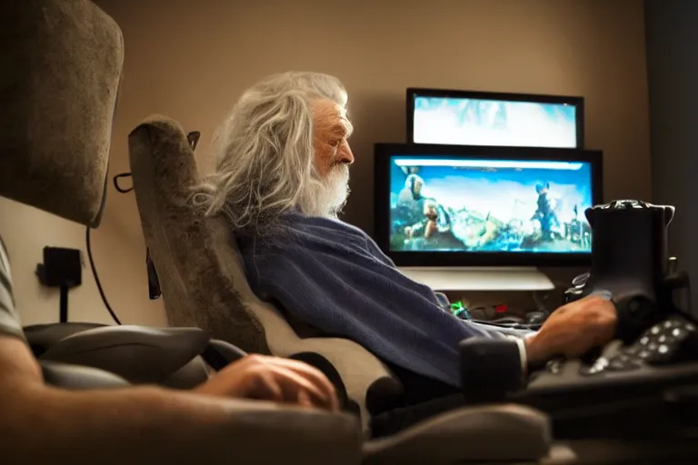 Image similar to gandalf intensely focused playing xbox, sitting in a gamers chair, face lighted by monitor, blue lighting, dark room, photo by annie leibovitz