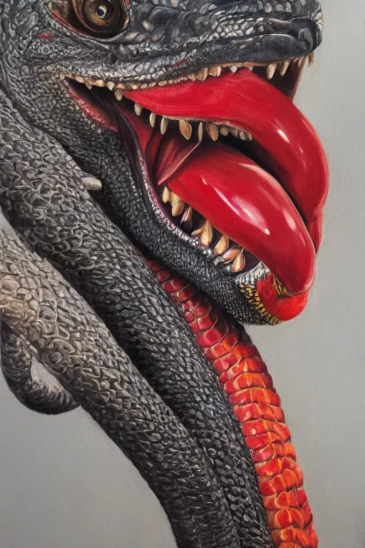 Prompt: King Cobra with red tongue, oil painting, intricate, ornate, hyper detailed, 4k