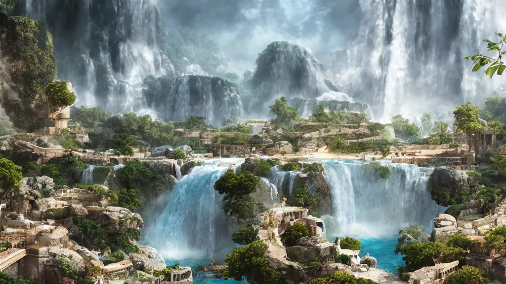 Image similar to ancient greek marble city in the clouds surrounded by a giant waterfalls, gold trimmings, clear blue water fountain, vines and blue foliage, matte painting, octane render, cinematic camera, bloom, blizzard cinematic,