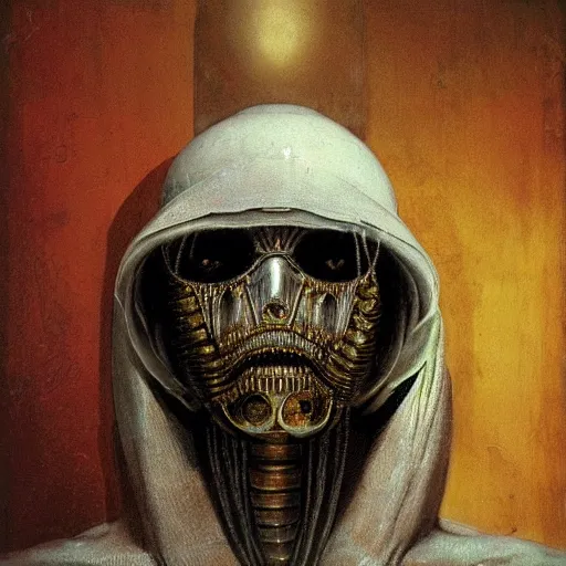 Prompt: Alien King in white imperial clothing, mantle, gold mask by Giger and Beksinski