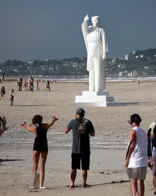 Image similar to a gigantic 400 foot tall white marble statue of president Donald trump giving his thumbs up sign, dwarfs onlookers on a beach, cinematic, post apocalyptic