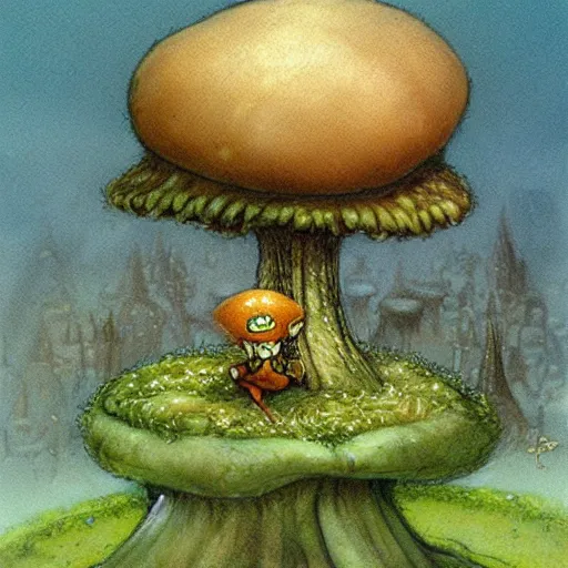 Image similar to tiny elf under a mushroom by brian froud