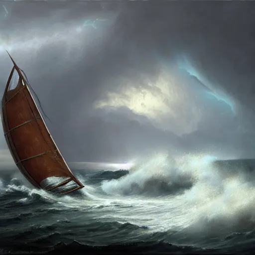 Prompt: an ancient trojan trireme sailboat crashing into rocks and shattering in a massive storm, destruction, whirlpool, trireme, skiff, wooden sailboats, by greg rutkowski, grim, lightning flashes, sky swirling with black wind, dark sky, dramatic, realistic, detailed, ancient, artstation, artgerm, digital painting