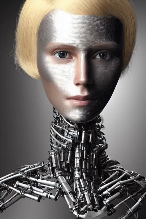 Image similar to robot with human face, female head, full body angle, woman human face, human face realistic, beautiful blonde hair, human head, human head with blonde hair, blonde hair human head, blonde hair, human realistic face, human head skin, cyborg frame concept, cyborg by ales-kotnik, sci-fi android female, the body is made of wires, robotic body, cyborg body, cyborg bust body, robot body cyborg, full body