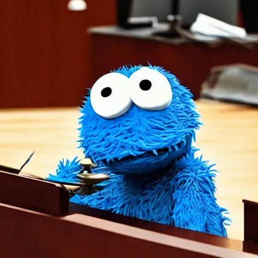 Prompt: “photo of Cookie Monster attorney at law in a courtroom”